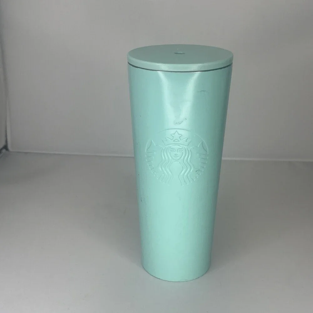 Starbucks Teal Aqua Light Blue Metal Tumbler Cold Cup 16oz - No Straw-